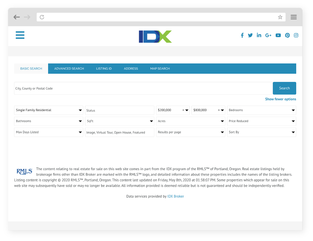 IDX Broker HOME Studio Collection Desktop View of Basic Search Page