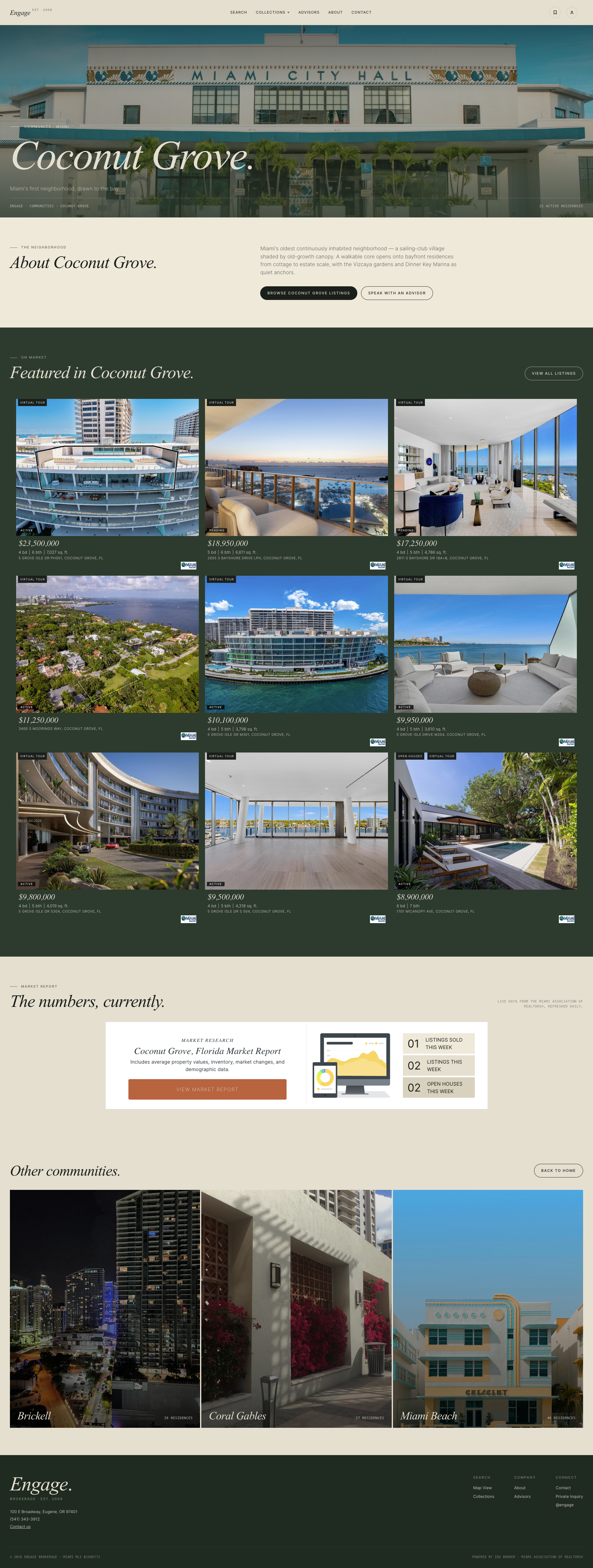 Engage Brokerage &mdash; Coconut Grove community page with featured listings, market report, and other communities