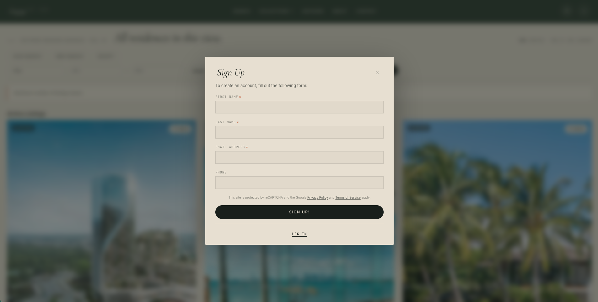 Engage Brokerage lead-registration modal overlaying a property results page