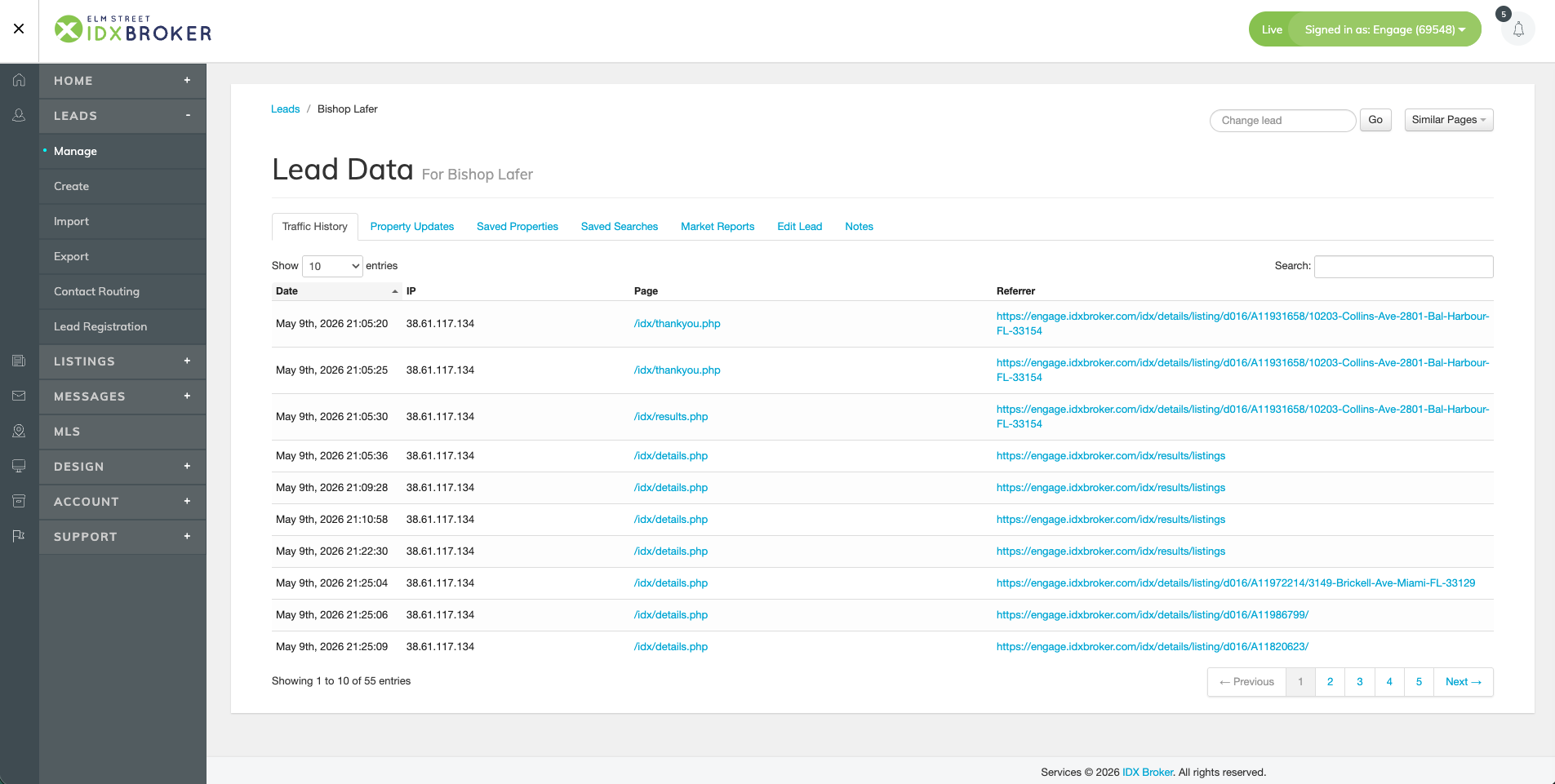 IDX Broker admin &mdash; lead detail view with traffic history, saved searches, and market reports